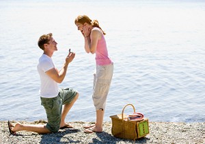 Boyfriend proposing to girlfriend near stream